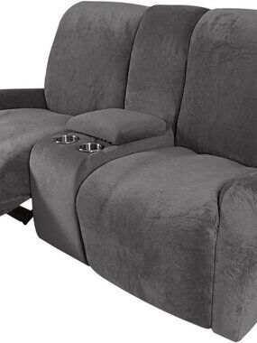 Velvet Recliner Loveseat Cover 8-Piece 2 Seater with Console Cup Holders Grey